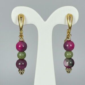 Jade Earrings Pierced Gemstone Drop Pink Green